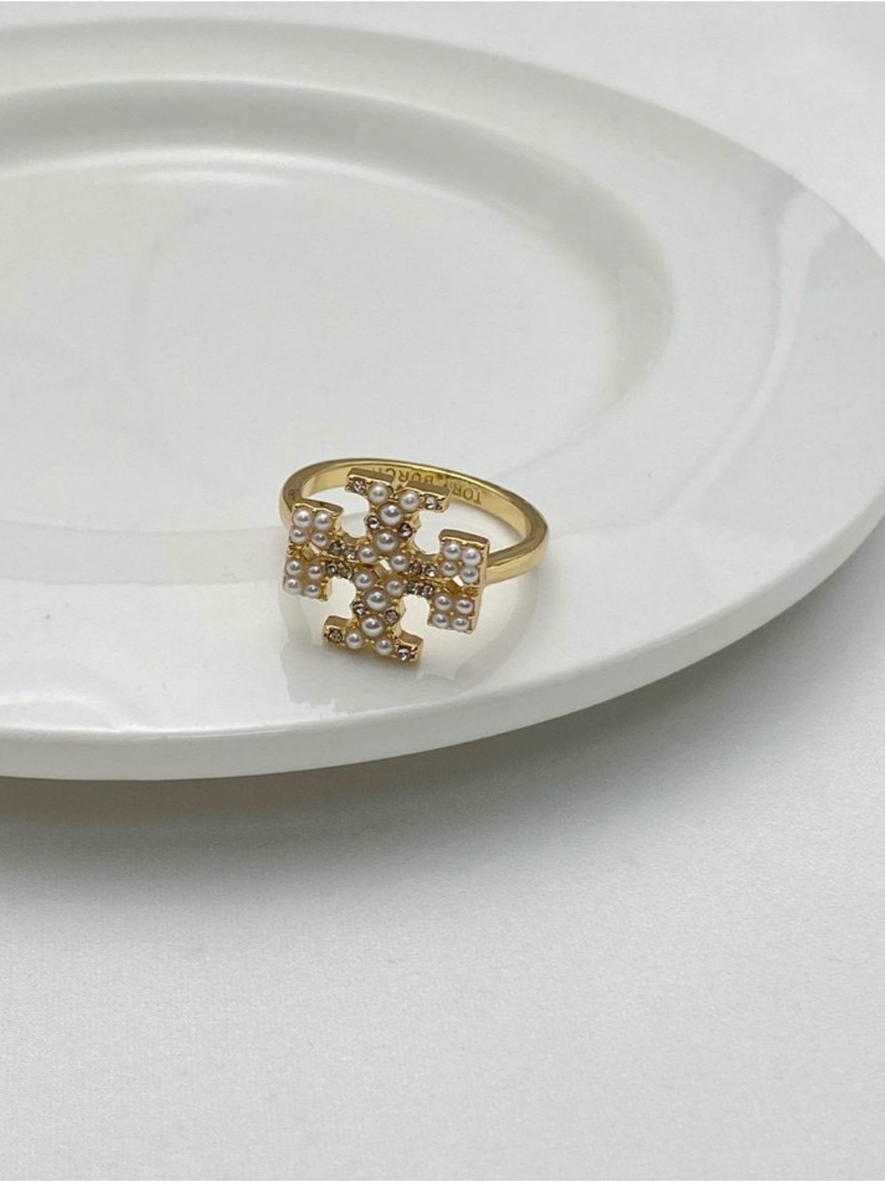 Tory Burch Gold-Tone Pearl Cross Ring